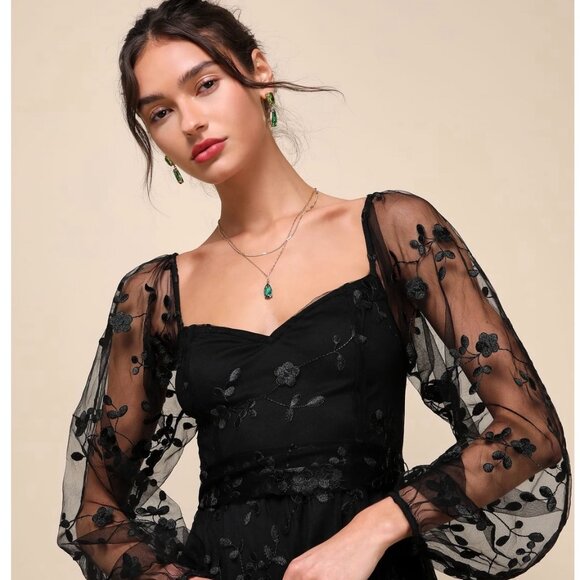 Lulus NWT Darling Charisma Black Mesh Embroidered Long Sleeve Midi Dress Sz M - Picture 2 of 3